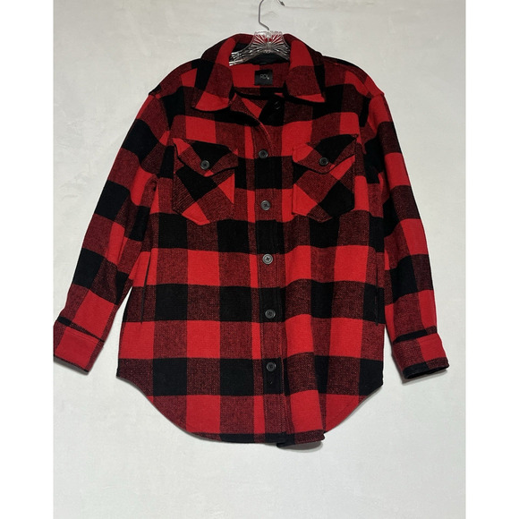 RDI Shacket Button Up Shirt Jacket Medium Red Black Buffalo Plaid Wool Blend - Picture 1 of 12